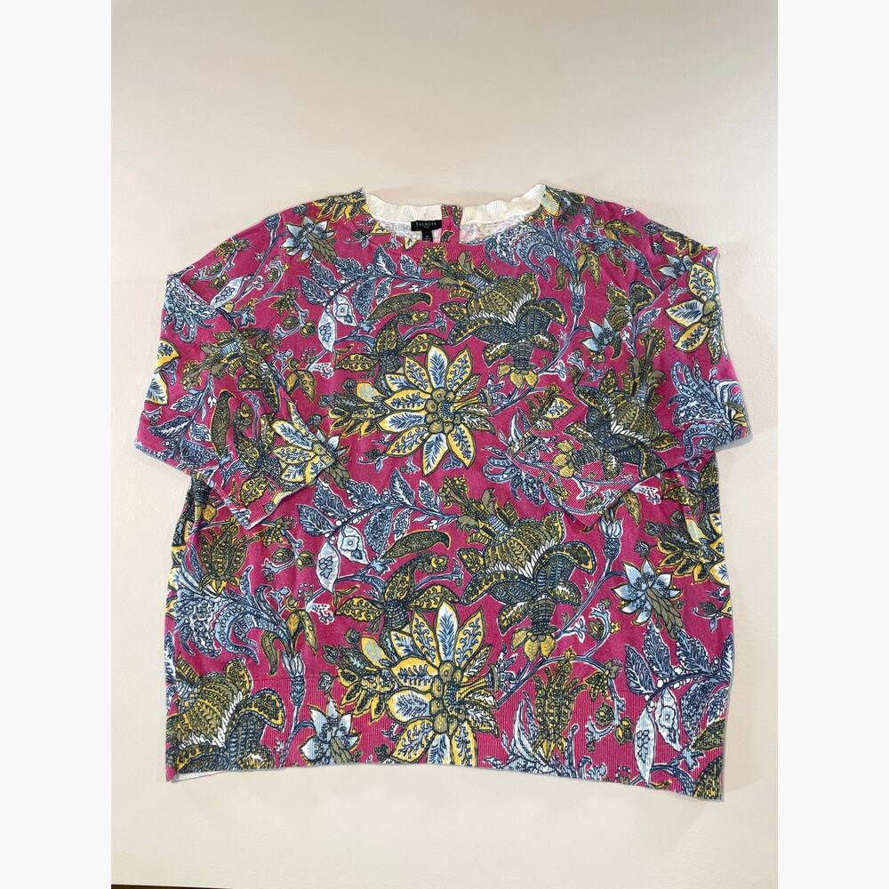 Talbots Floral Lightweight Sweater Size 2X Pink Cotton Three Quarter Sleeve
